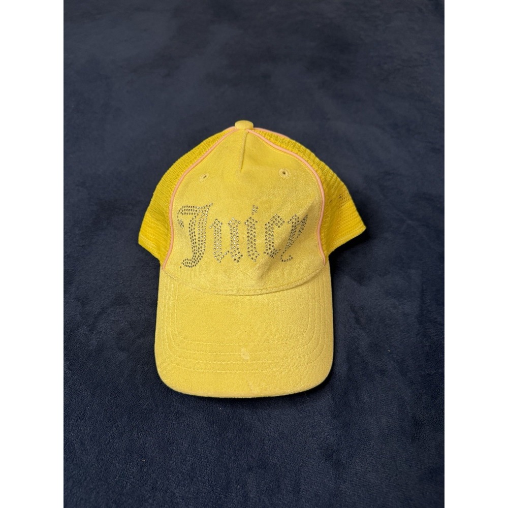 Vtg Juicy Couture Yellow Velour Rhinestone Trucker Hat Adjustable Y2K One Size
